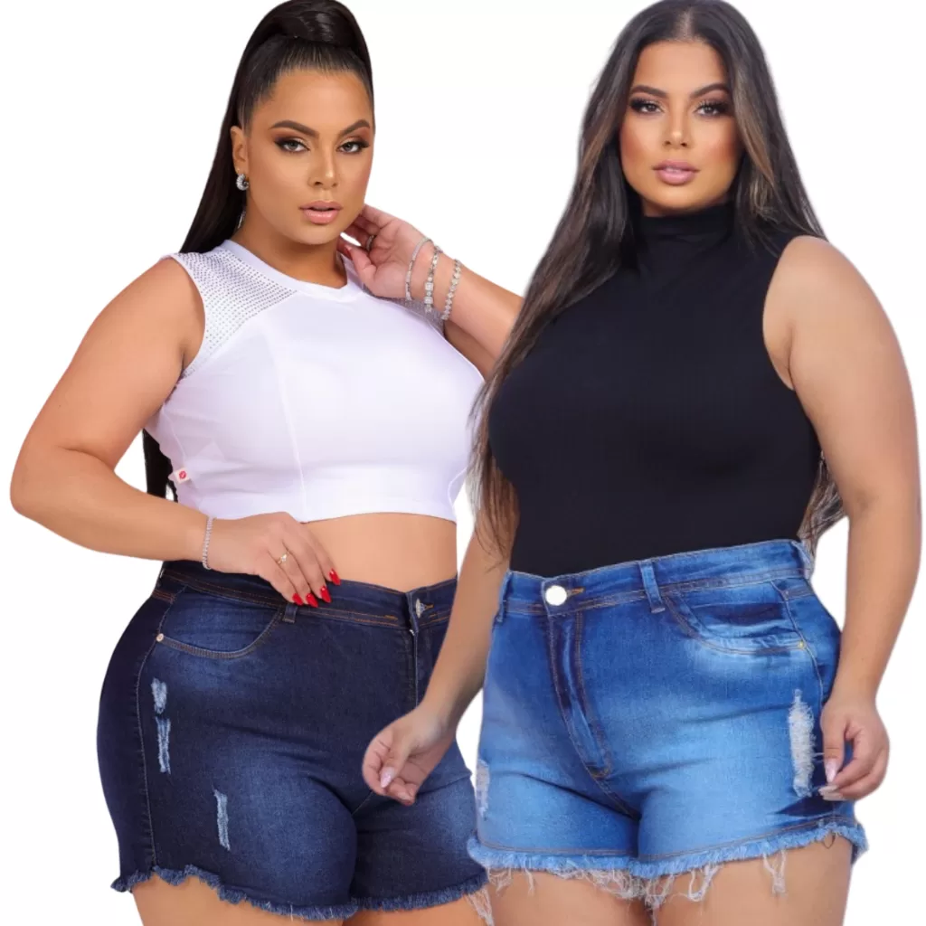 KIT 2 Shorts Jeans Plus Size Cintura Alta Hot Paint – Bermuda Feminina Com Lycra casual Feminino