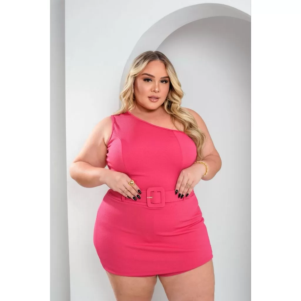 Macaquinho Short Saia Plus Size Curto Com Um Ombro Só,  Moda Feminino Macacão Manga Mula Curve