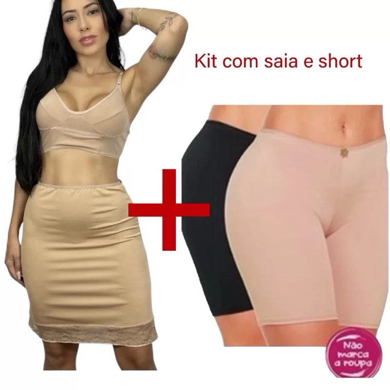 Kit Anágua Segunda Pele Saia E Shortinho Feminino Moda Íntima Conforto Adulto com alça regulável.