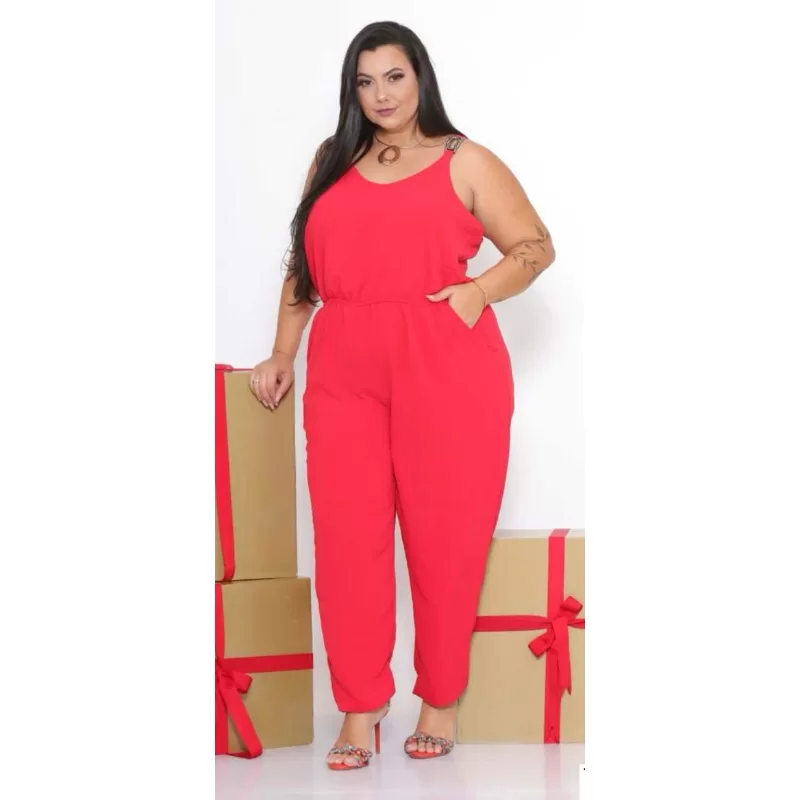Macacão Feminino Alça Plus Size Longo Curve Feminino Tecido Duna Elegante Gordinha G1 G2 G3 G4