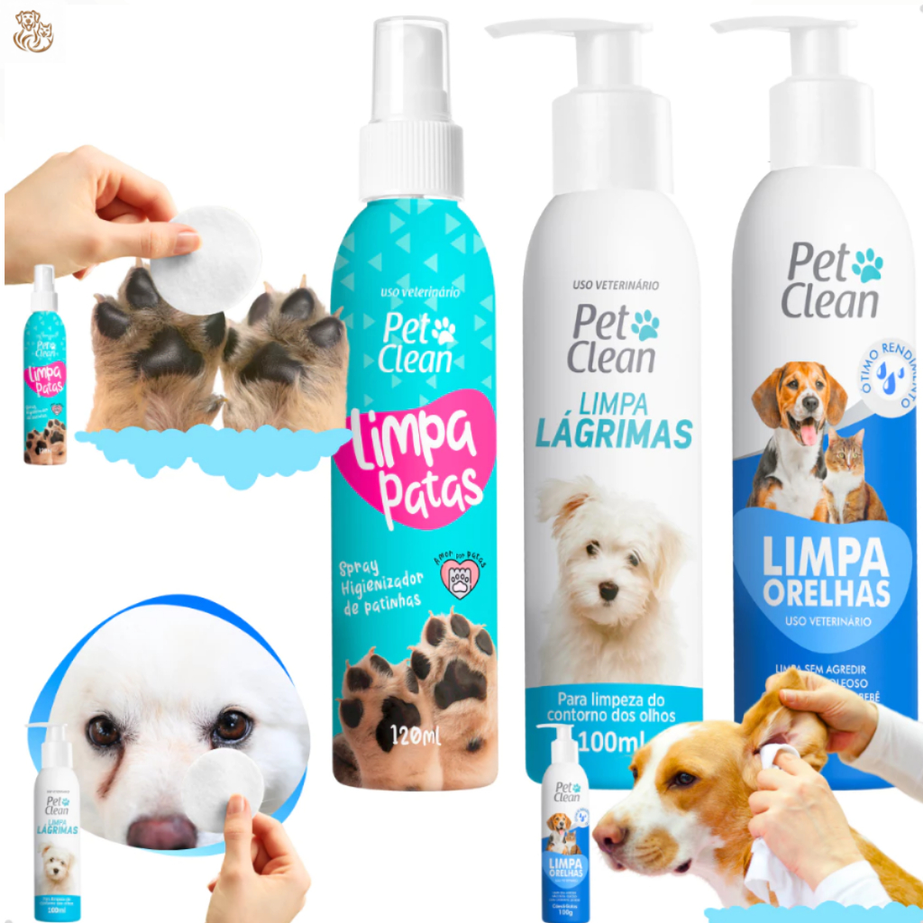 Kit Pet Clean Limpador de Patas Patinhas + Orelhas Ouvidos + Lágrimas Pet Clean para Cachorro e Gato