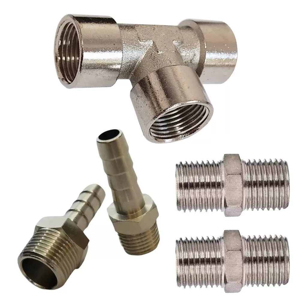 Kit Conexões Latão 2 Espigão 1/4×1/4+2 Niple 1/4+ 1 Tee 1/4