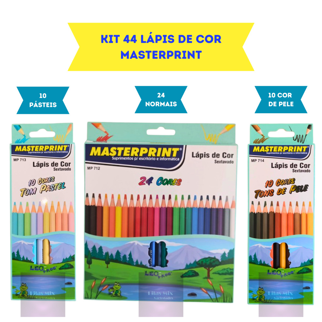 Kit 44 Lápis de Cor Escolar Sextavado Masterprint (24 CORES + 10 cores Tom Pastel +10 Tons de Pele)