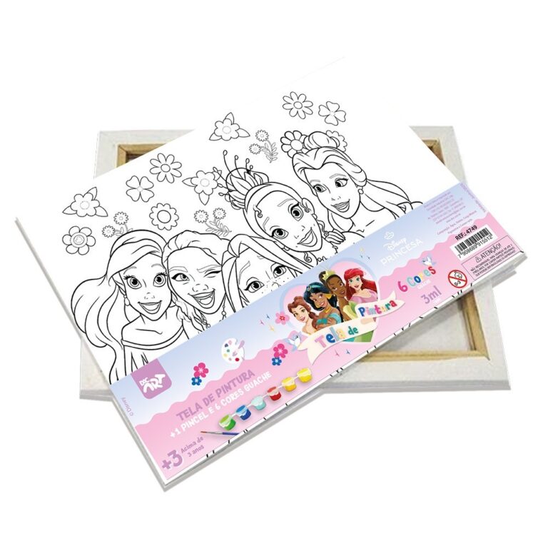 Kit Tela para Pintura Princesas C/ Pincel e Tinta 