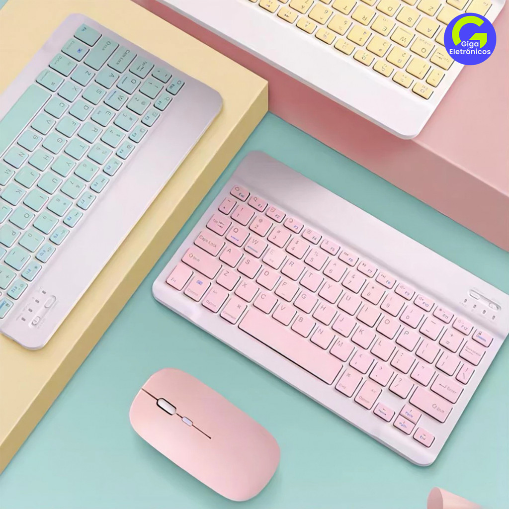 Kit de Teclado e Mouse Sem Fio Bluetooth Macaron com Design Moderno Destinado a PC iPad Tablet e Not