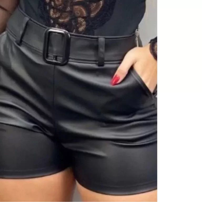 Short Feminino Couro Fake Short Preto De Fivela Ci