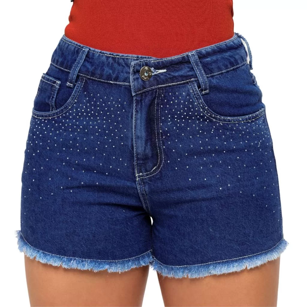 Short Jeans Feminino Mom Cintura Cós Alto Premium Bordado Aplicação de Strass Sem Elastano Laicra