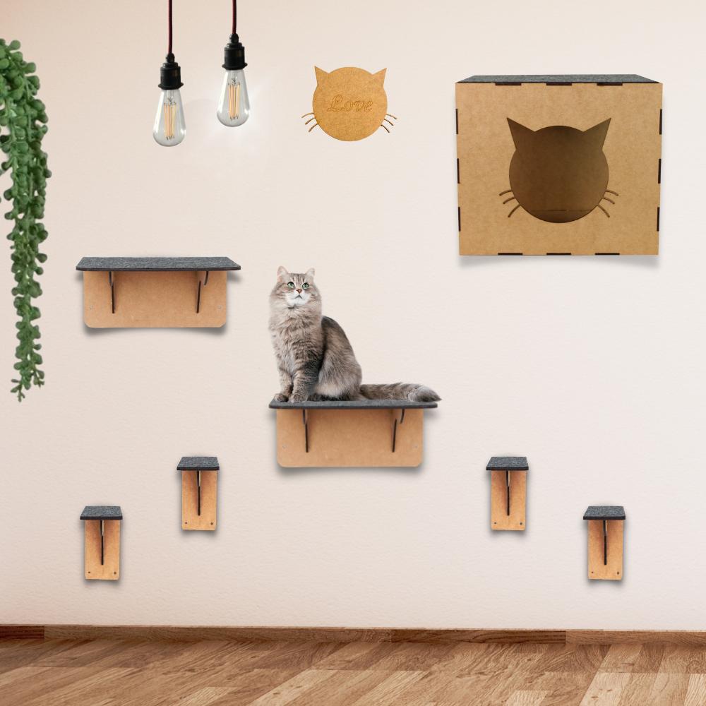 Kit Playground Gato 7 Pçs de Parede Mdf Reforçado Cama Toca Escada Prateleiras Diversão Pet