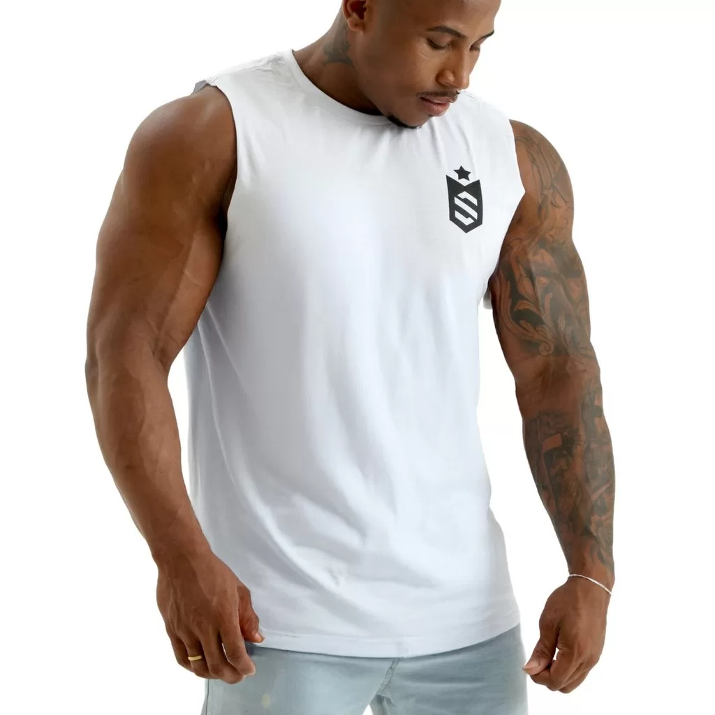 Regata Cavada Masculina Branca Logo Soldiers Roupas Fitness Maromba Academia Soldiers Nutrition