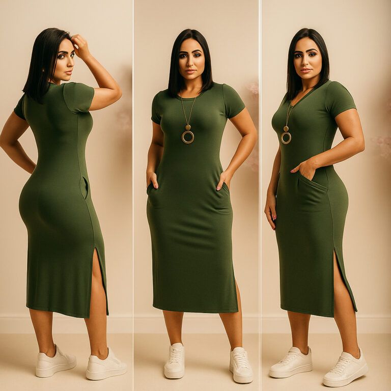 Vestido MIDI com Bolso e Fendas Laterais: Moda Eva