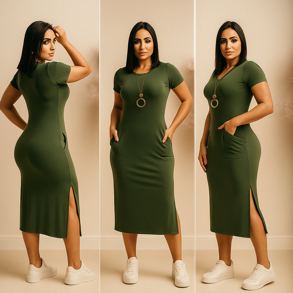 Vestido MIDI  Envio Rápido Bolso Fendas Laterais Moda Evangélica.l viscoLycra Premium, Conforto  Ele