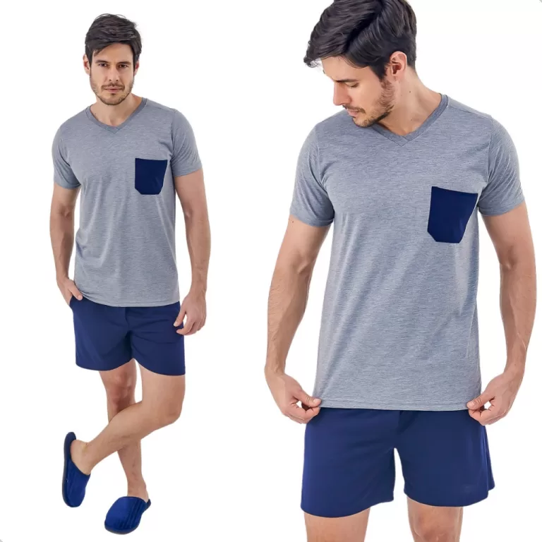 Pijama Masculino Curto Adulto Gola V Liso de Verã
