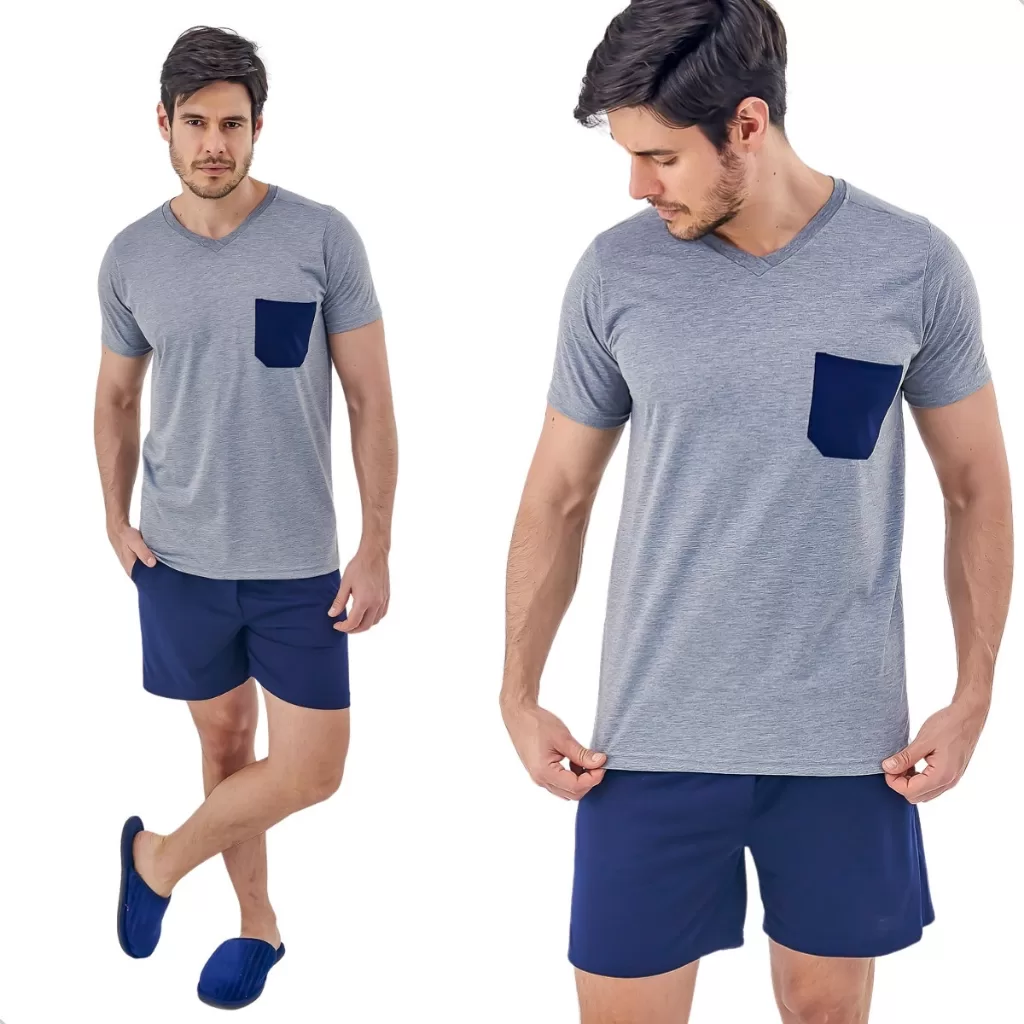 Pijama Masculino Curto Adulto Gola V Liso de Verão em Malha