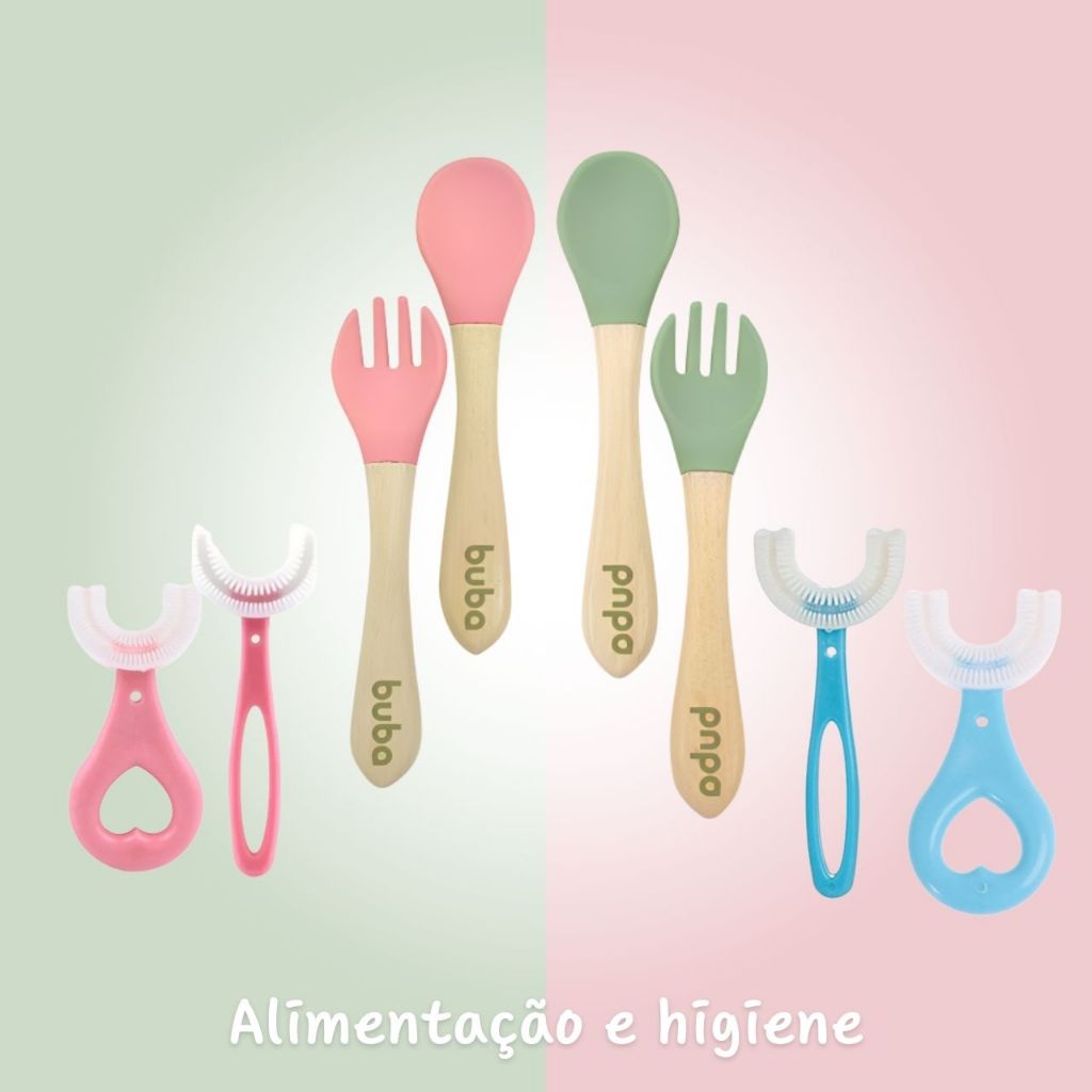 Kit Escova 360° + Talheres de Silicone e Bambu Infantil Alimentação Higiene Cuidado