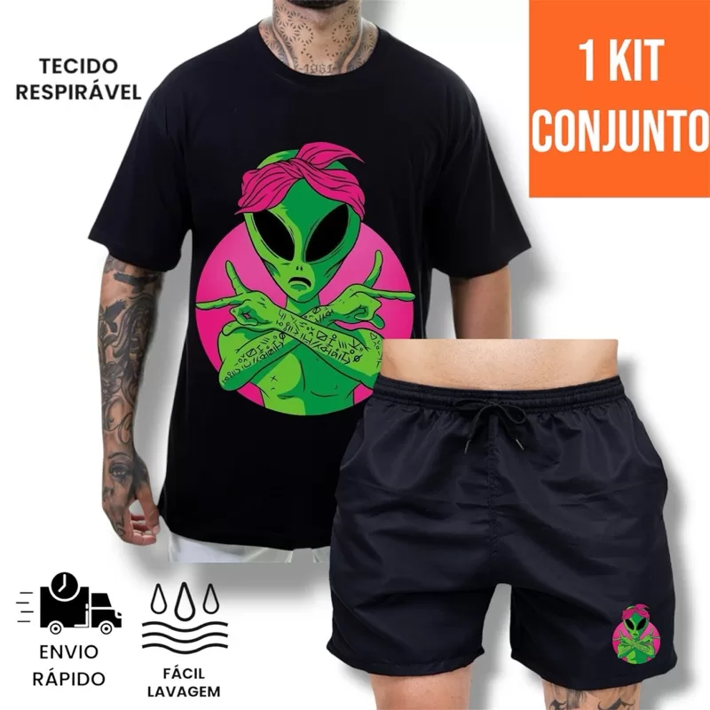 Kit Conjunto Camiseta Algodão Bermuda Praia Short Piscina Camisa Blusa Masculina Preta Promoção Esta