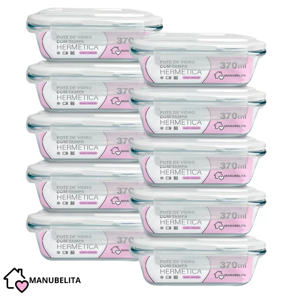 Conjunto 10 Potes de Vidro Hermético Marmita Tampa 4 Travas 370ml