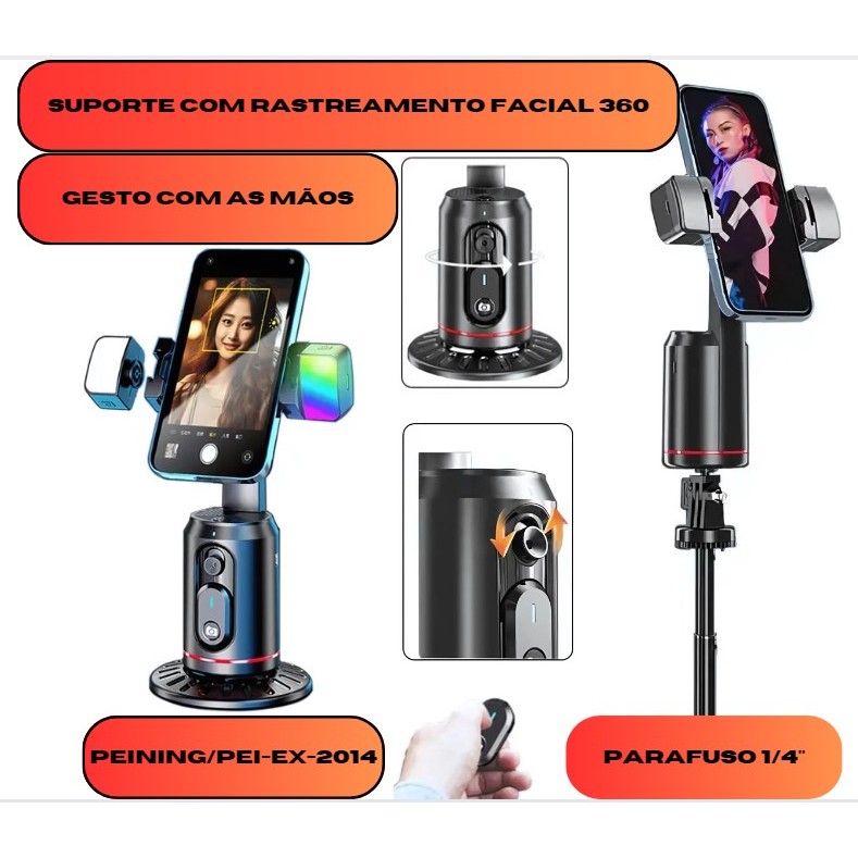 Estabilizador Gimbal com Suporte para Celular e Rastreamento Facial I.A 360. Bluetooth/PEI-EX-2014