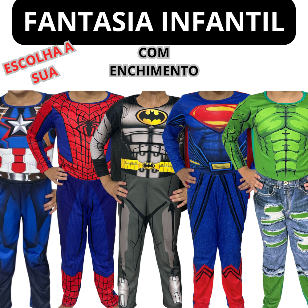 Fantasia Infantil Longa Com Enchimento Roupa Menino Festas America/Aranha/Batman/Superman/Hulk/Flash