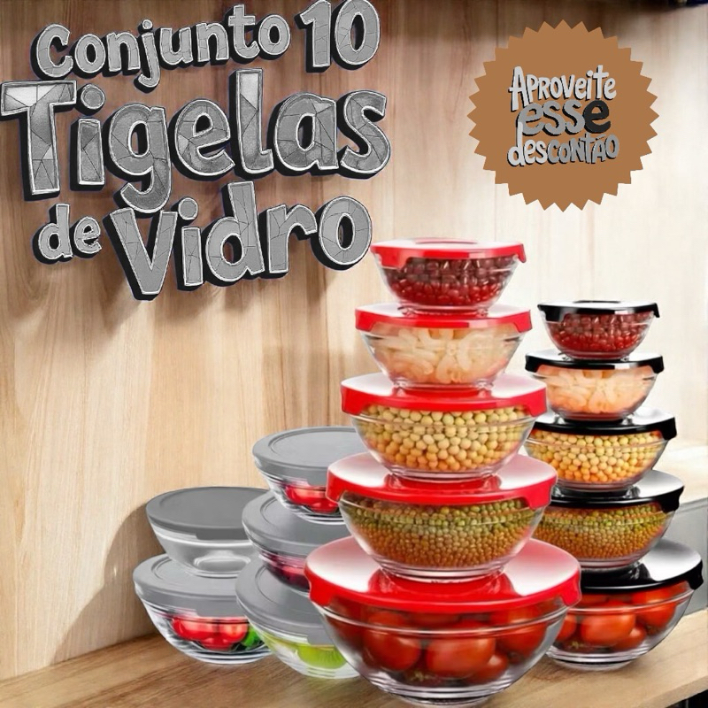 Kit 10 Tigelas Redondas com Tampa Armazenamento de Alimentos pode Usar no Microondas e Geladeira