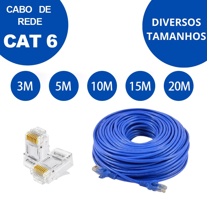 Cabo de Rede LAN Ethernet Cat6 Azul Montado RJ45 Internet, Roteador, Smartv, Tvbox, Games 3m/5m/10m/
