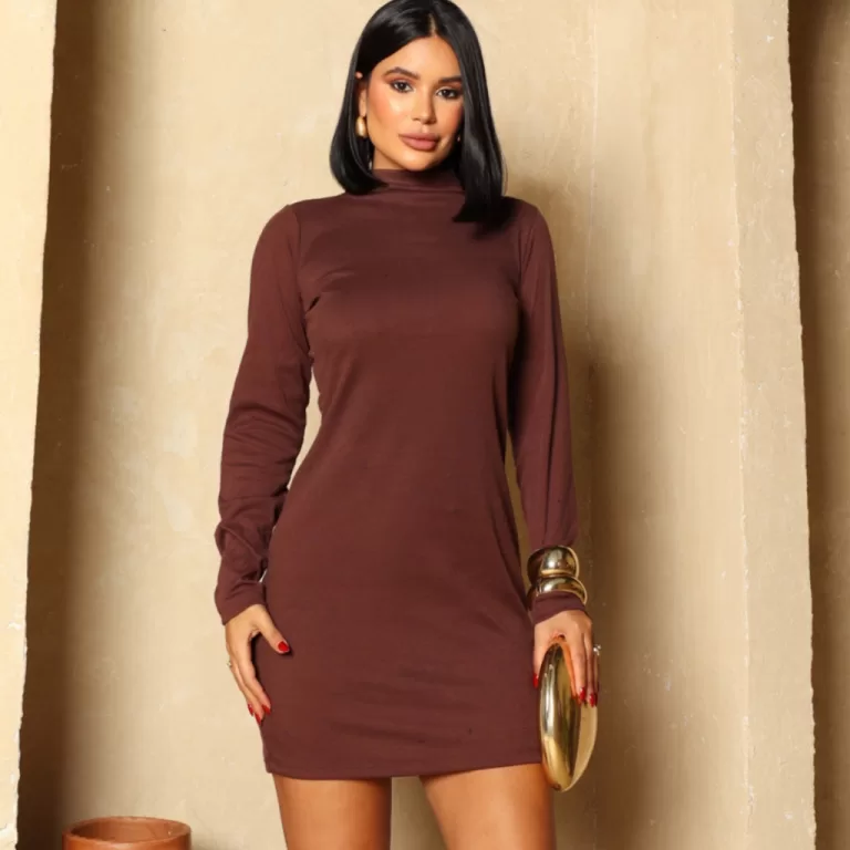 Vestido Curto Justo Manga Longa Ribana Canelada Co
