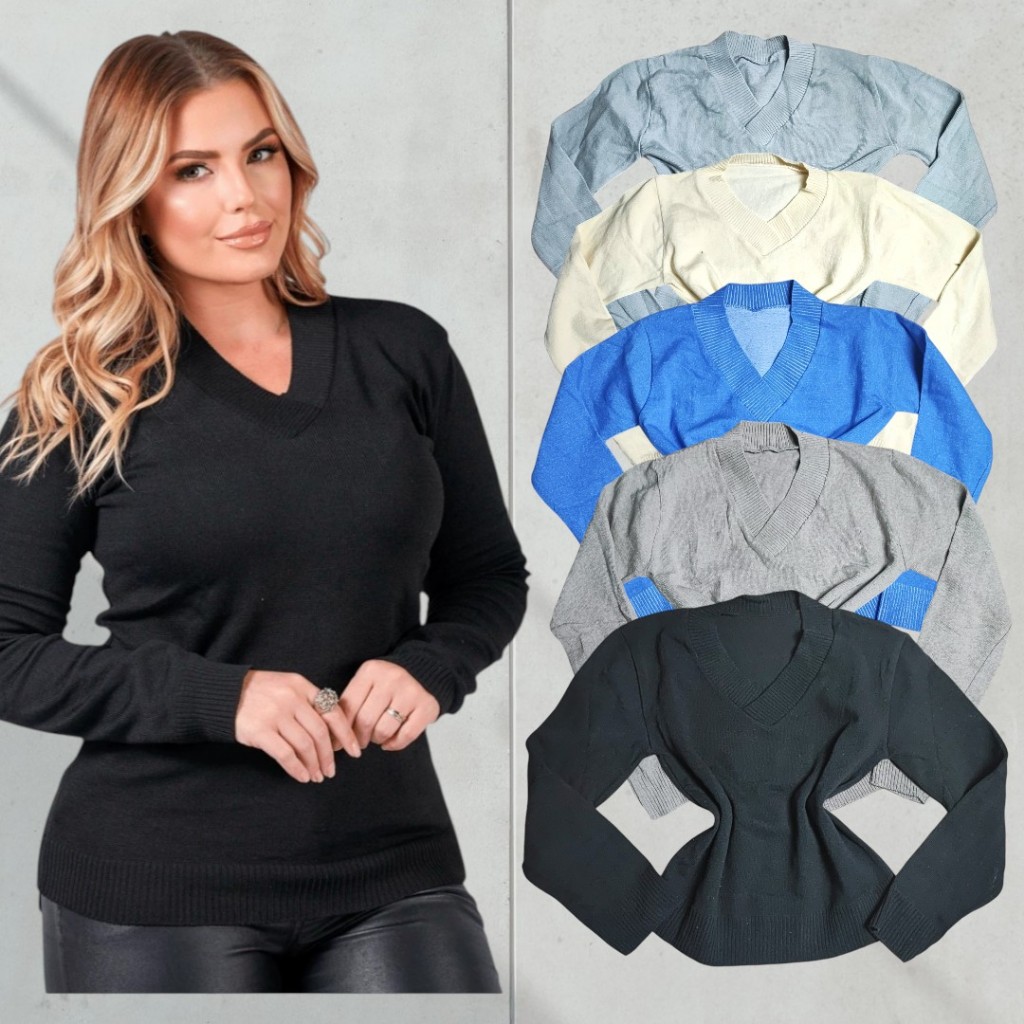 Sueter Tricô Gola V Feminino Lã Tricot Decote Básica Lisa