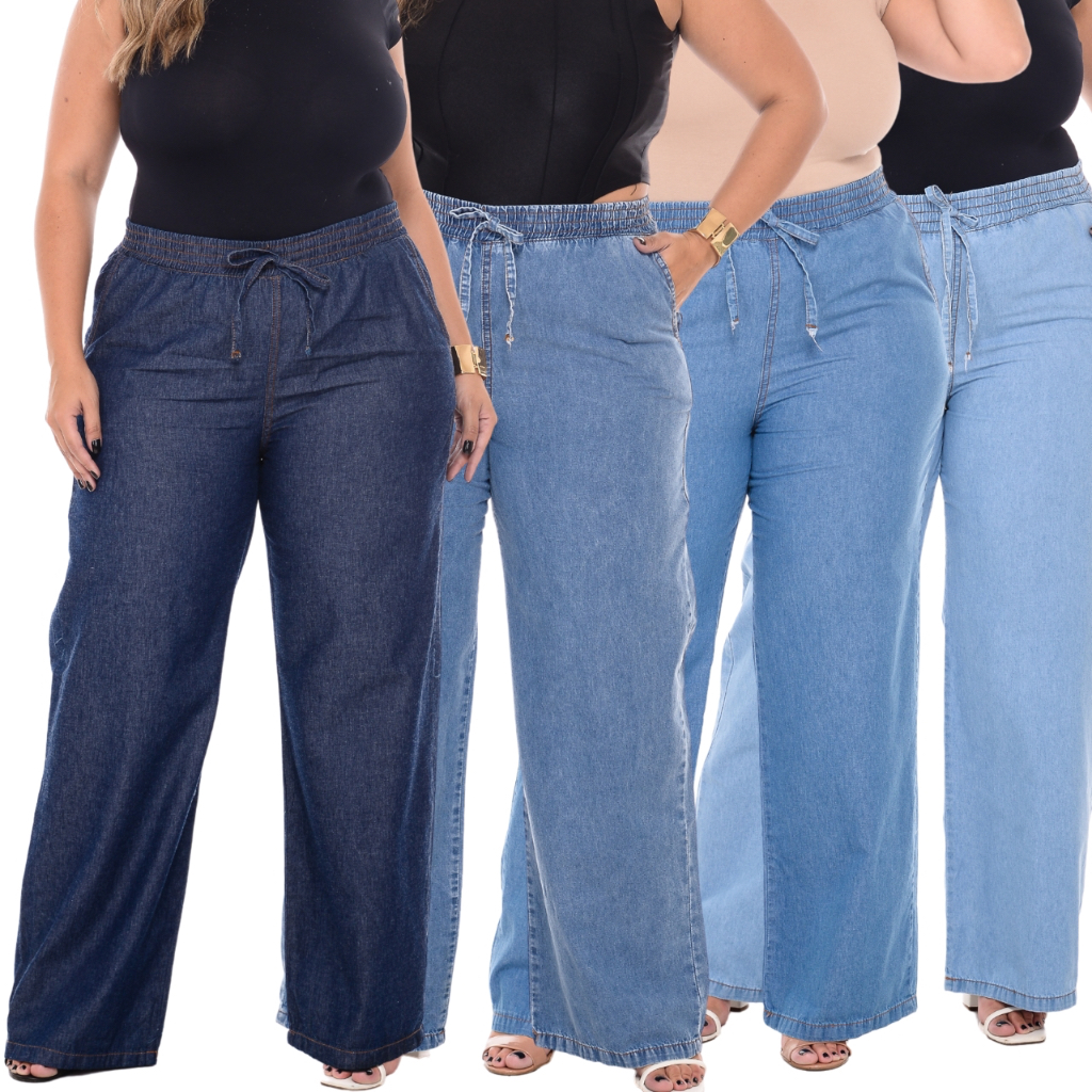 Calça Wide Leg Plus Size Jeans Feminina Cintura Alta Pantalona Tecido Leve