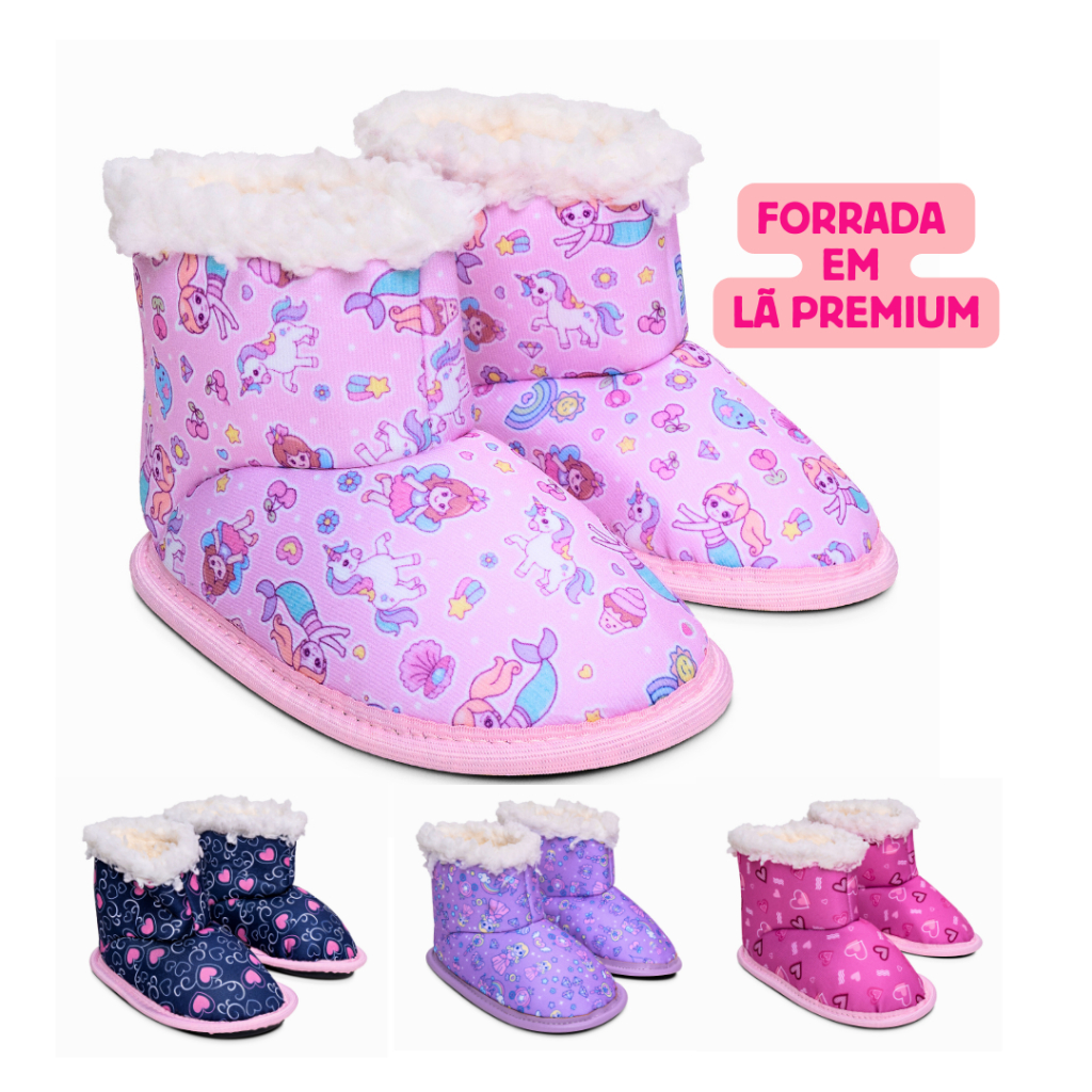 Pantufa Botinha Infantil Menina 21/22 ao 33/34 Forrada Em Lã Premium Solado Antiderrapante