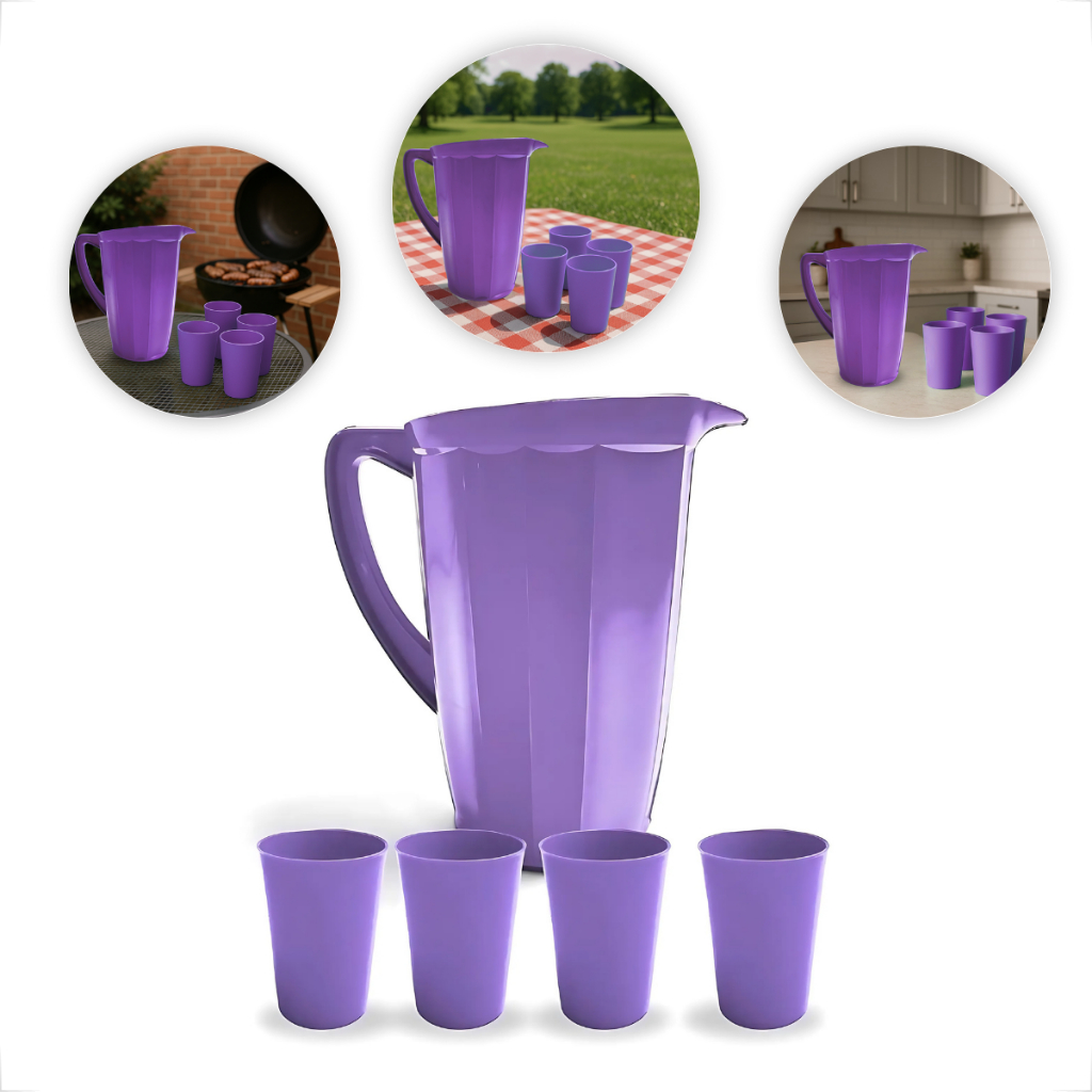 Kit 1 Jarras + 4 Copos Plásticos 200ml Reutilizáveis Versátil P/ Festas Eventos Piquenique e Creches