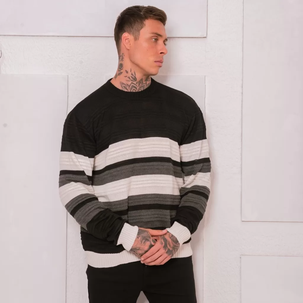 Suéter Tricot Masculino Blusa Casaco de Frio Listrado 3D Gola Redonda Manga Longa Inverno Outono