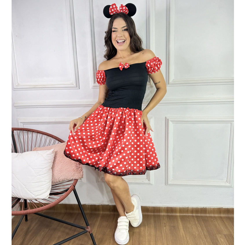 Fantasia Minnie Vestido Ombro a Ombro + Tiara Adulto Vermelho Bolinha Poá