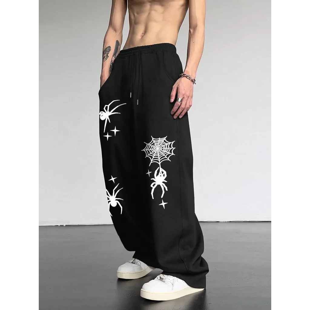 Calça de Moletom Casual Masculina com Estampa de Teia de Aranha, com Bolsos  e Cintura com Cordão, S