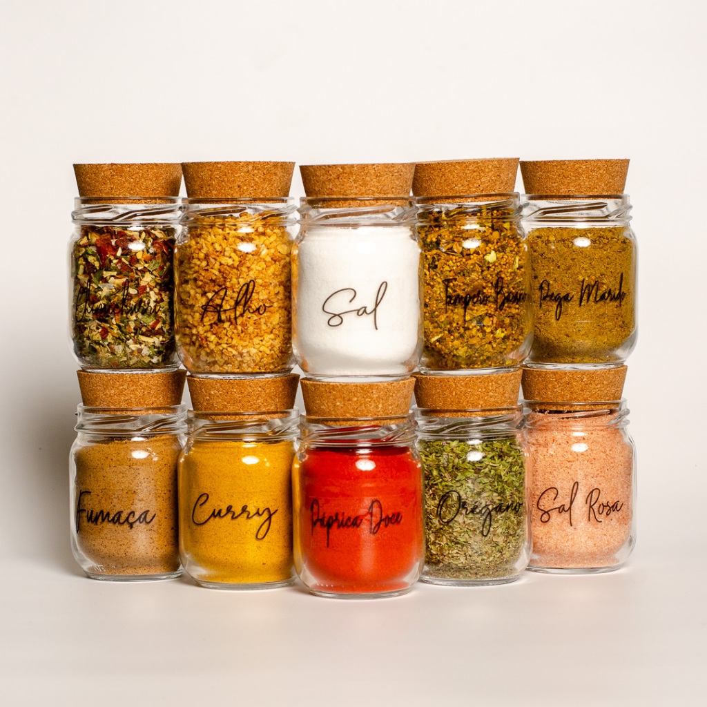 Kit Potes de Tempero 200ml | Porta Tempero | Pote para Tempero | Cartela com 42 Adesivos Opcional