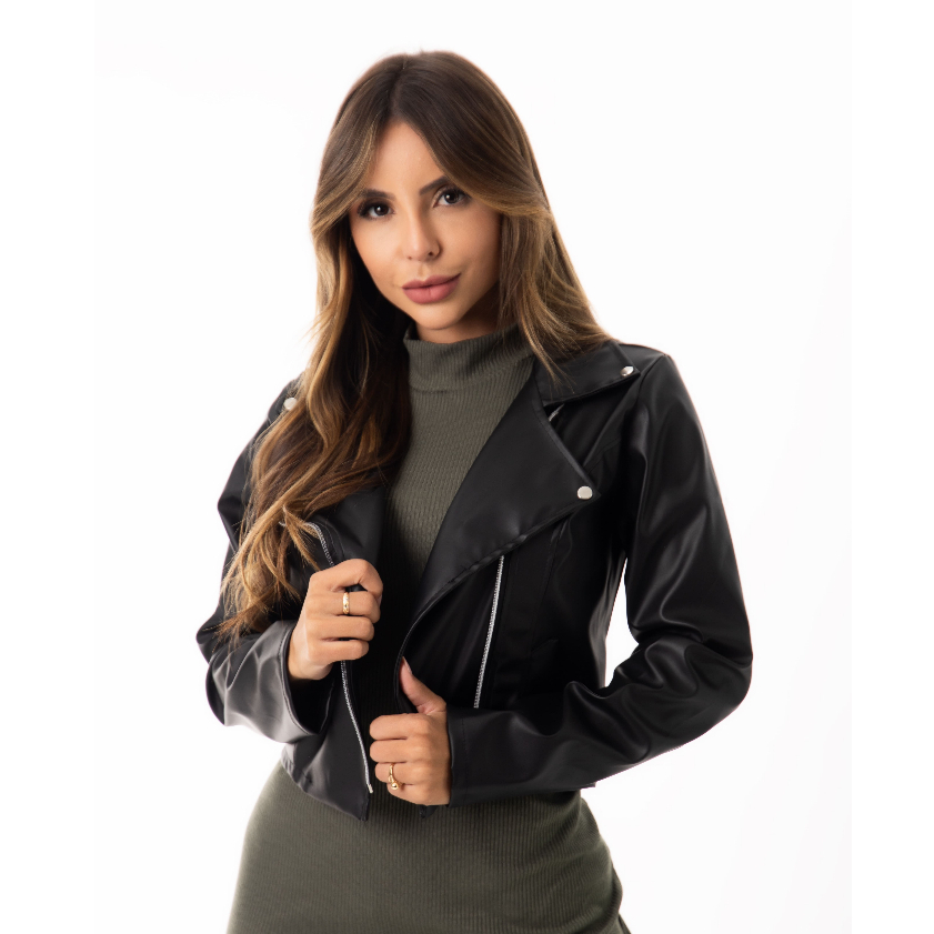 Jaqueta Preto Couro Sintética Feminino Com Zíper Moda Tendência Casaco Inverno
