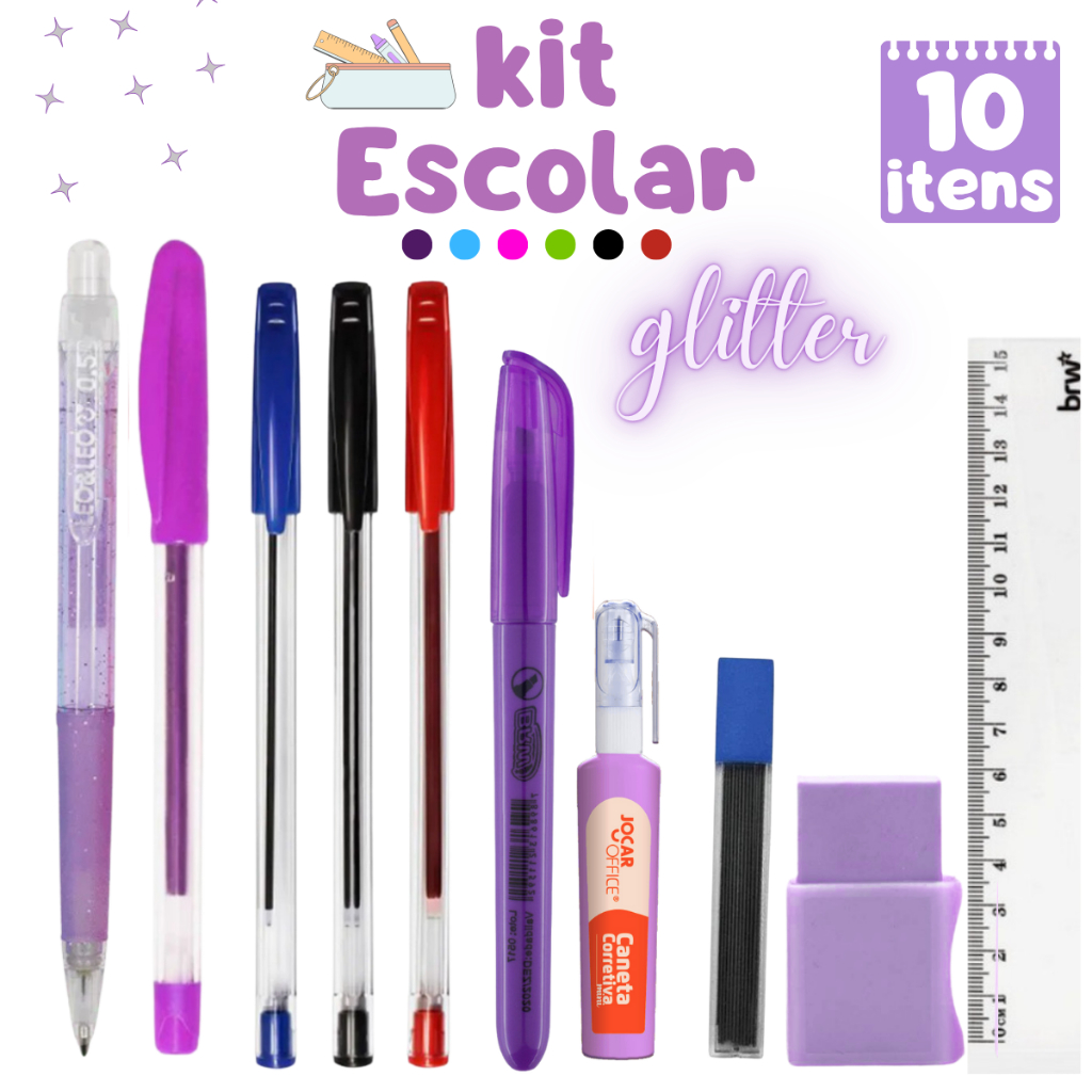 Kit Escolar 10 Itens – Canetas – Marca-texto – Corretivo – Lapiseira – Borracha – Grafites – Régua