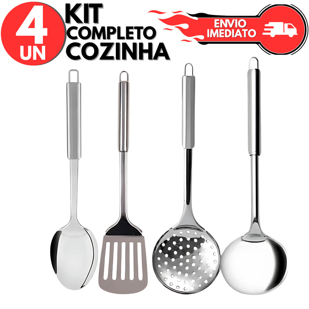 Conjunto 4 Pçs Utensilios de Cozinha Inox , Escumadeira, Concha, Espátula Vazada, Colher Arroz, para