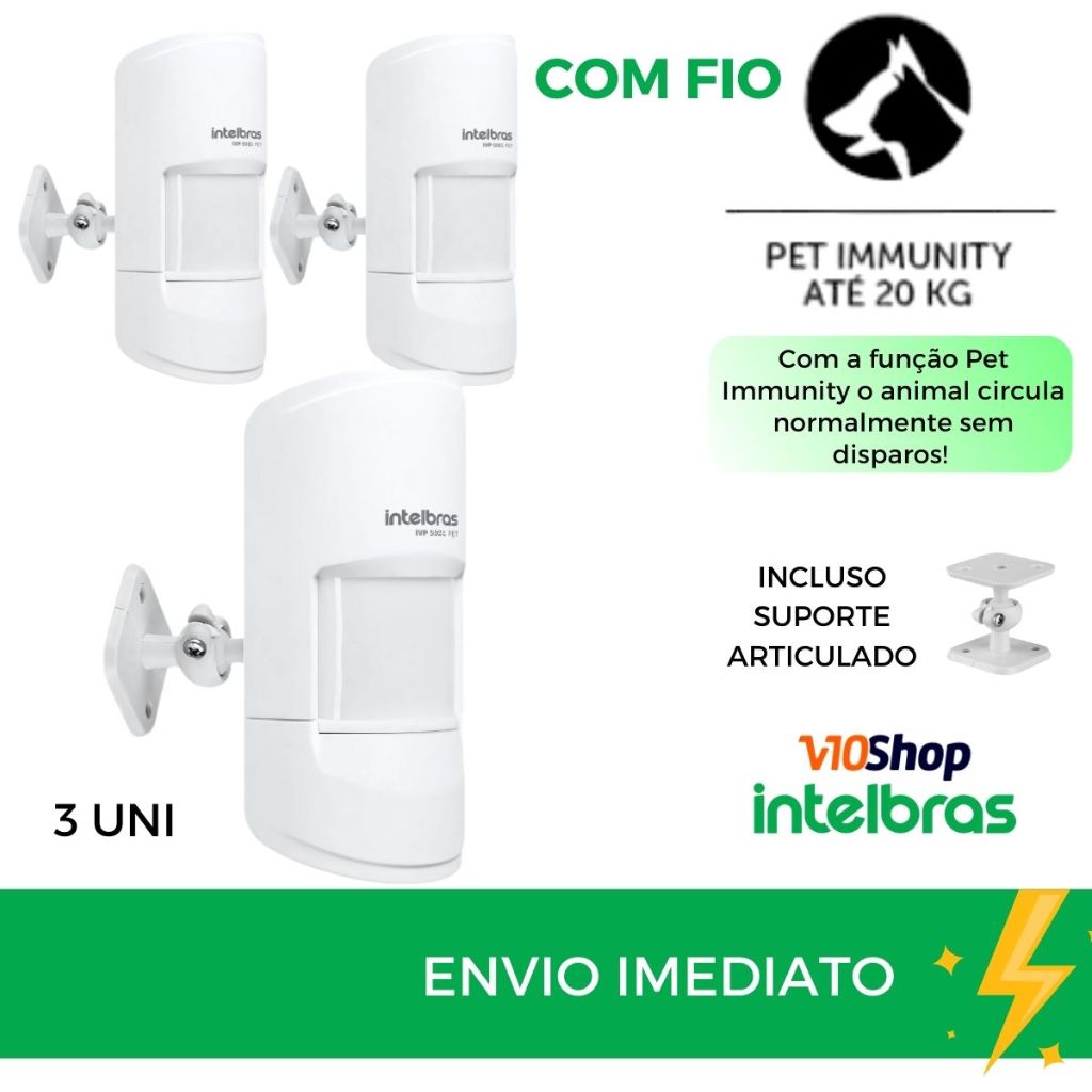 Kit 3 unid Sensor de Alarme Pet Ivp 5001 com fio e Suporte de Parede Intelbras – Pet ate 20kg