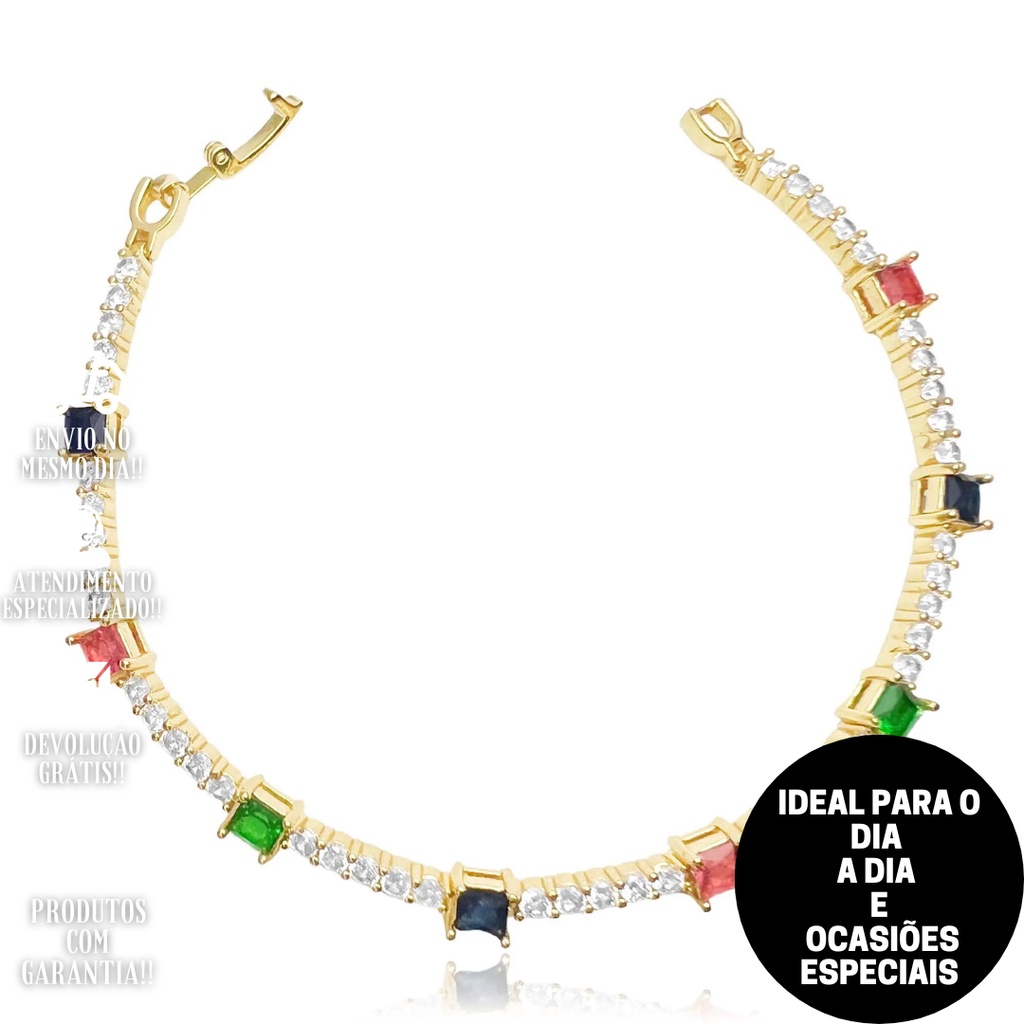 Pulseira de Ouro 24k Riviera Multi Cores Banhada a Ouro