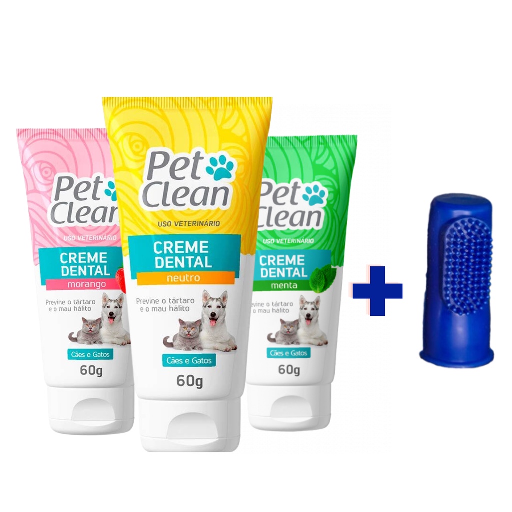 Kit Creme Dental Pet Clean + Dedeira para Cães e Gatos