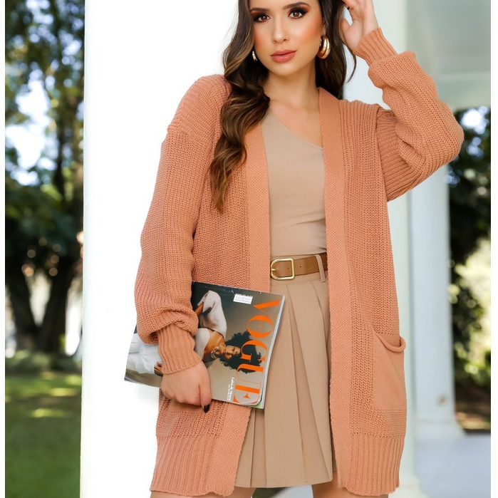 Cardigan Tricot Feminino Básico com Bolso Casual 