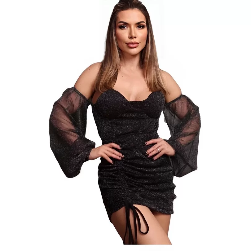 Vestido Curto Festa Manga Longa Lurex Amarração Feminino