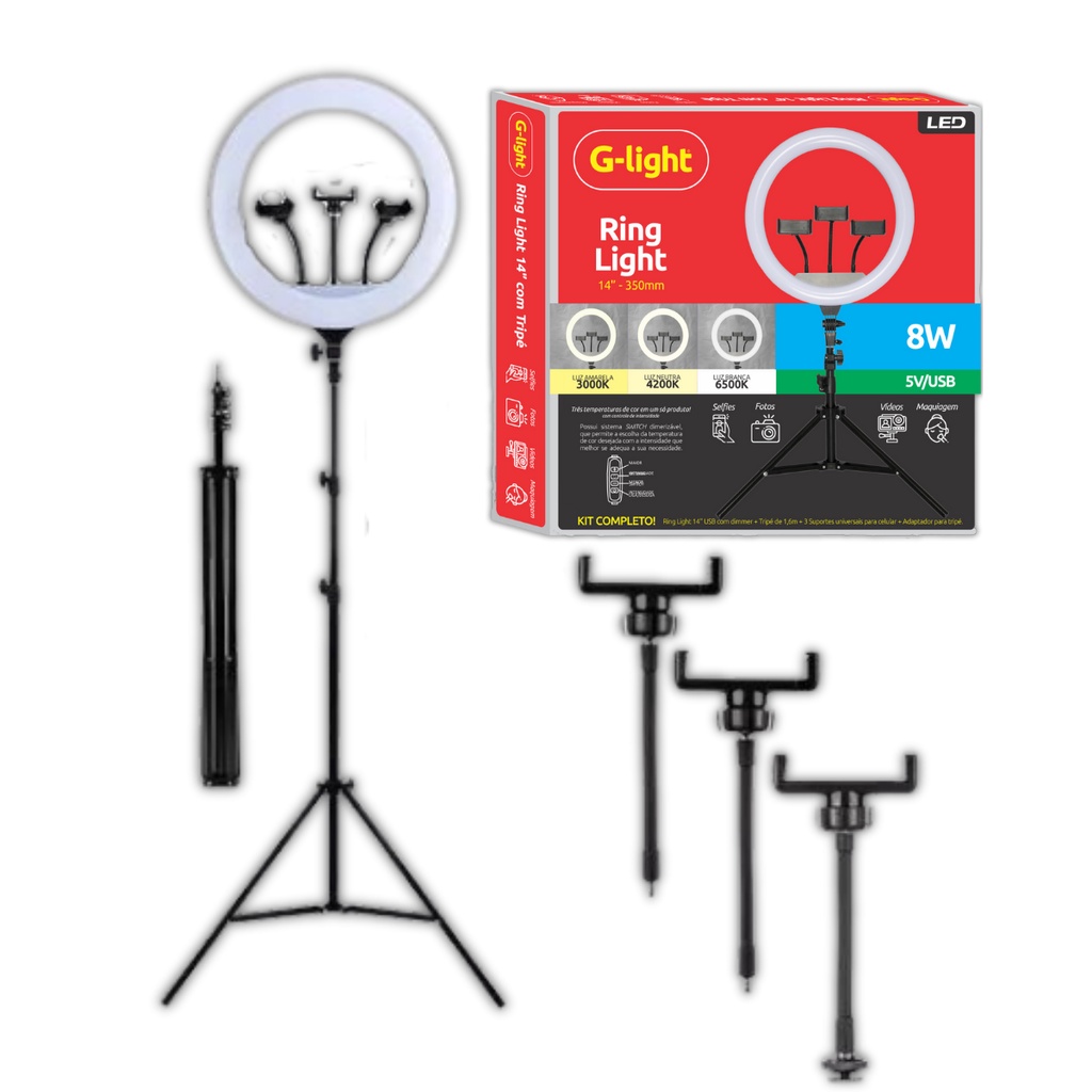 Ring Light Bastão de Led 8w C/Tripé 1,6m 3000K 4200K 6500K