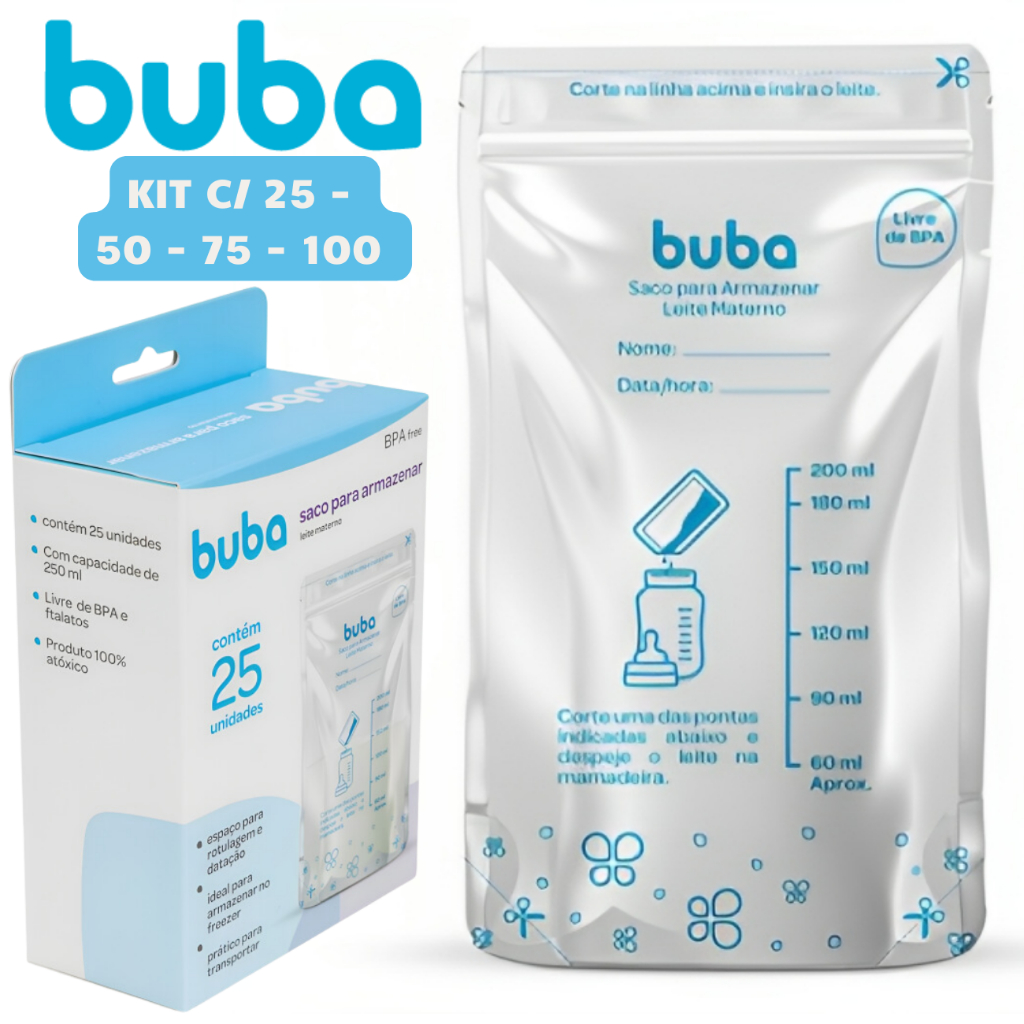 Saco Para Armazenar Leite Materno Buba 200ml Recipiente Para Congelar Transportar Kit
