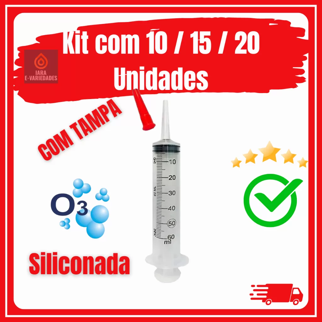 10 / 15 / 20 Seringas de 60ML Bico Cateter com Tampa SILICONADA – Seringa 60 ml – Bico SONDA