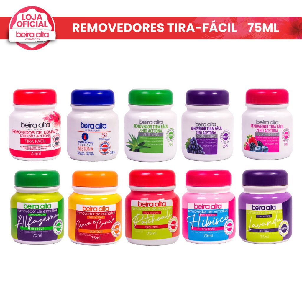 Removedor de Esmalte Tira Fácil 75ml Beira Alta |Com-Sem Acetona |Não Resseca |Fragrâncias Variadas