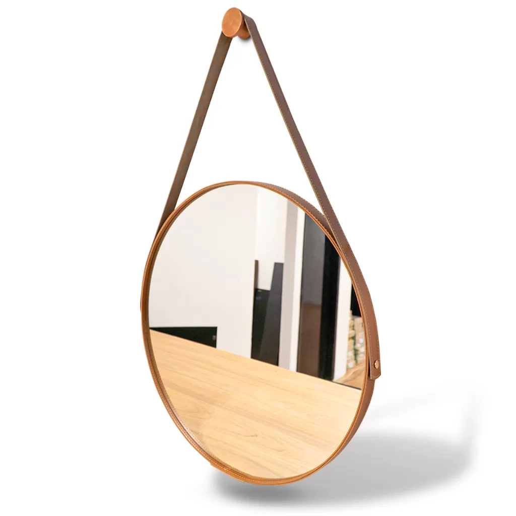 Espelho Redondo Decorativo Adnet Alça Couro Suporte 60cm 50cm 40cm 30cm Sala Quarto Banheiro Hall