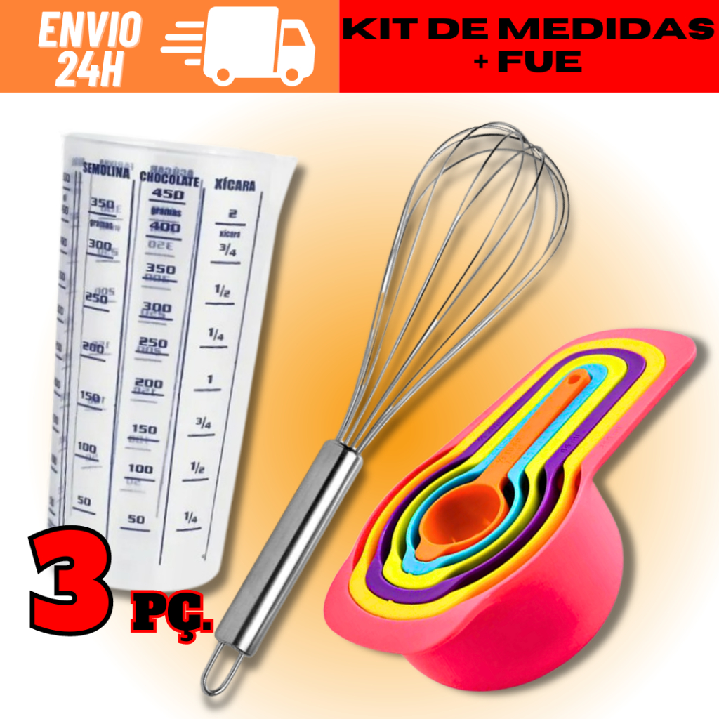 Kit 1 Copo Medidor Graduado 500 Ml + 1 Fuê Batedor Fouet Profissional + KIT 6 Colheres Medidora Em X