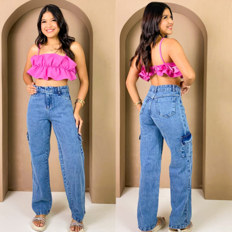 Calça Cargo Jeans Blogueirinha Juvenil Com Regula