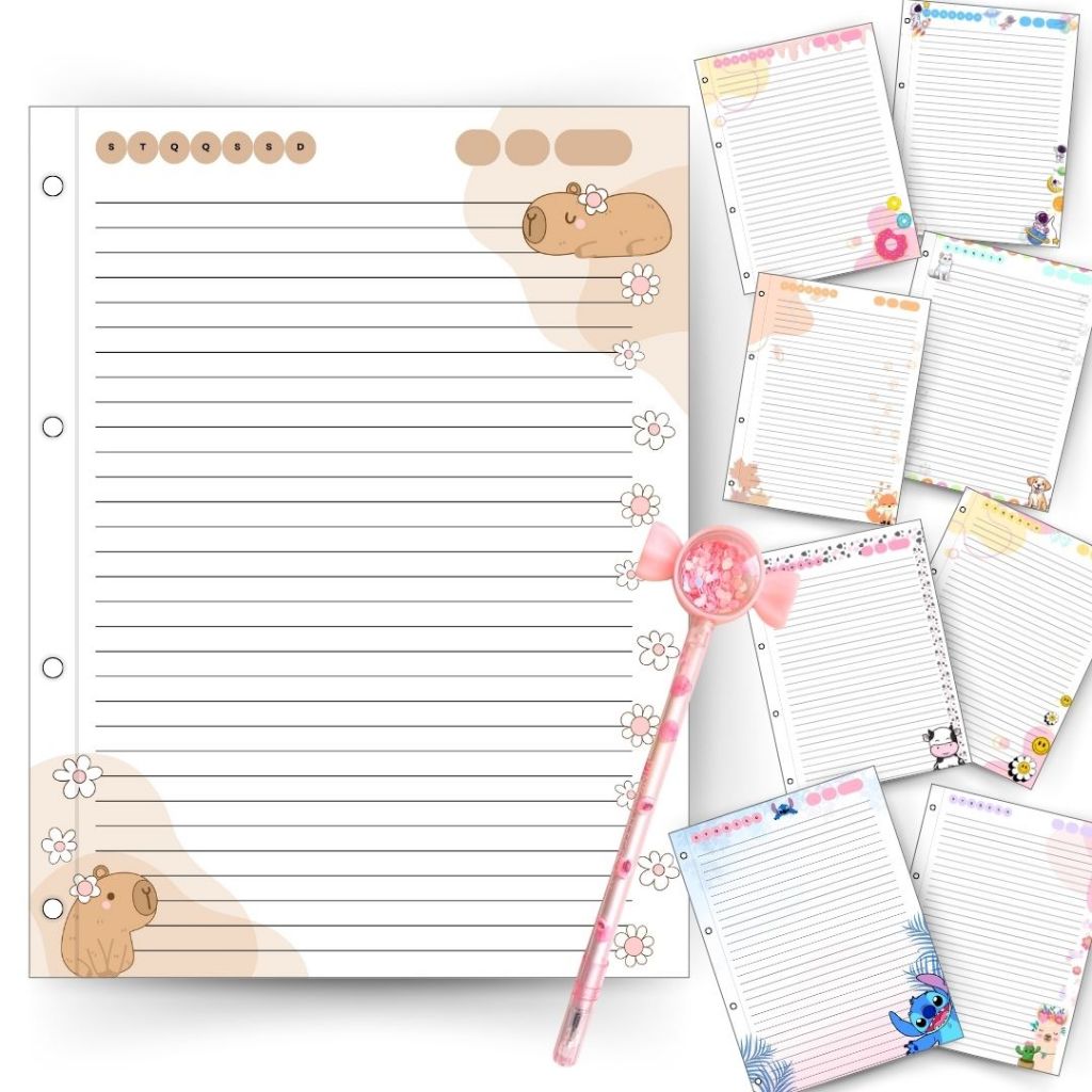 Folhas de Fichário c Desenho Vários Personagens Pautadas A4 c 70 Folhas- Caderno Universitário Disco