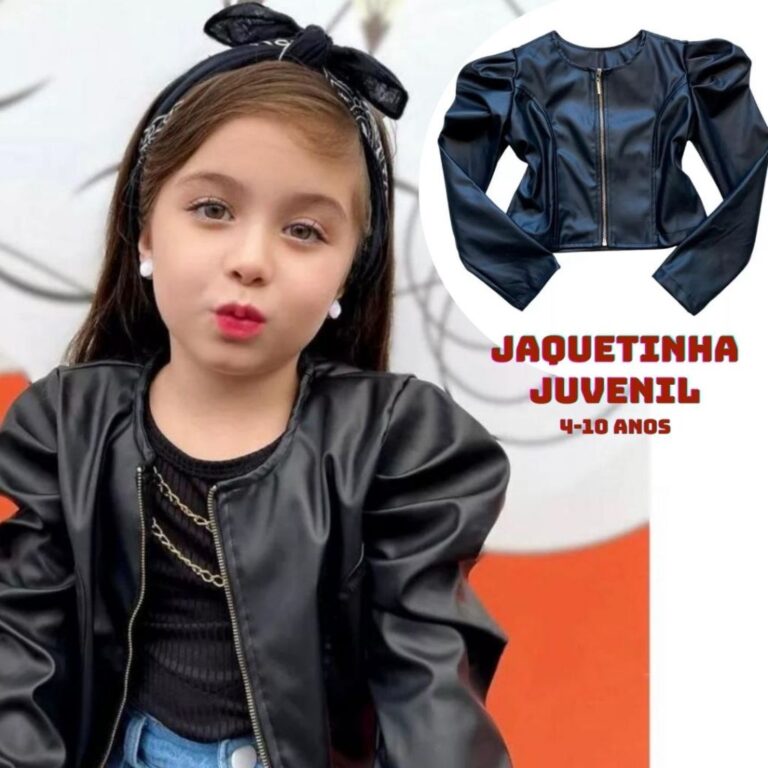 Jaqueta Infantil Feminina Couro Fake Preta Estilo 